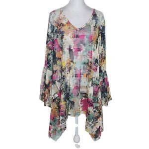 Dor Dor Colorful Boho Mesh Tunic with Bell Sleeves NWT Size 1X Sheer Boho Top